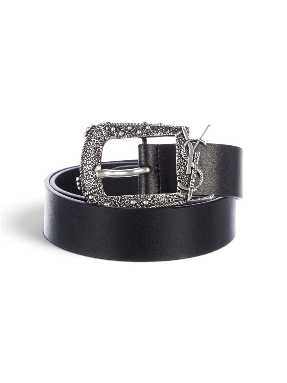 Saint Laurent Cheyenne Western Leather Belt Black YSL Silver Buckle 100 CM